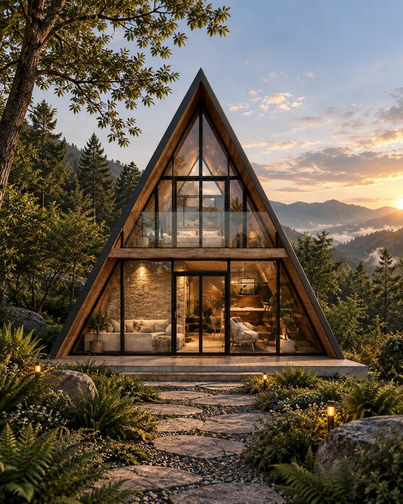 Chalé Serra, A-frame, 42 m², em steel frame, ao entardecer na serra.