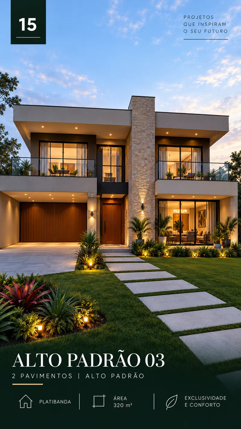 Alto Padrão 03: casa de 2 pavimentos e 320 m² com platibanda, fachada iluminada ao entardecer.
