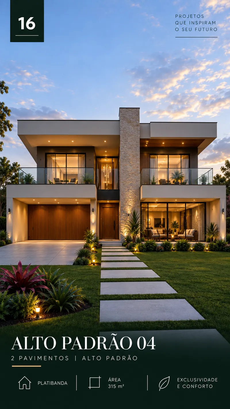 Alto Padrão 04: casa de 2 pavimentos e 315 m² com platibanda, fachada iluminada ao entardecer.
