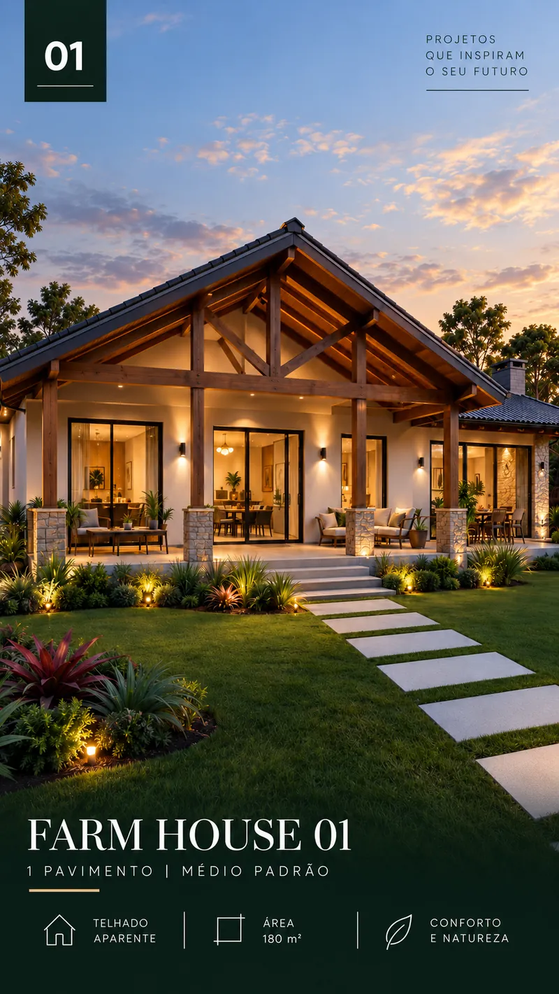 Farm House 01: casa de 1 pavimento e 180 m² com telhado aparente, fachada iluminada ao entardecer.