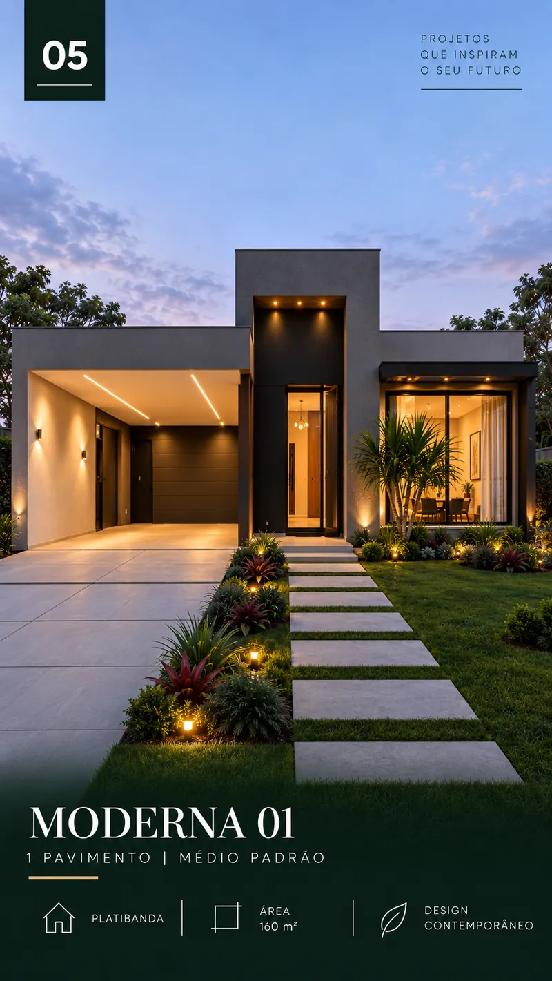 Moderna 01: casa de 1 pavimento e 160 m² com platibanda, fachada iluminada ao entardecer.