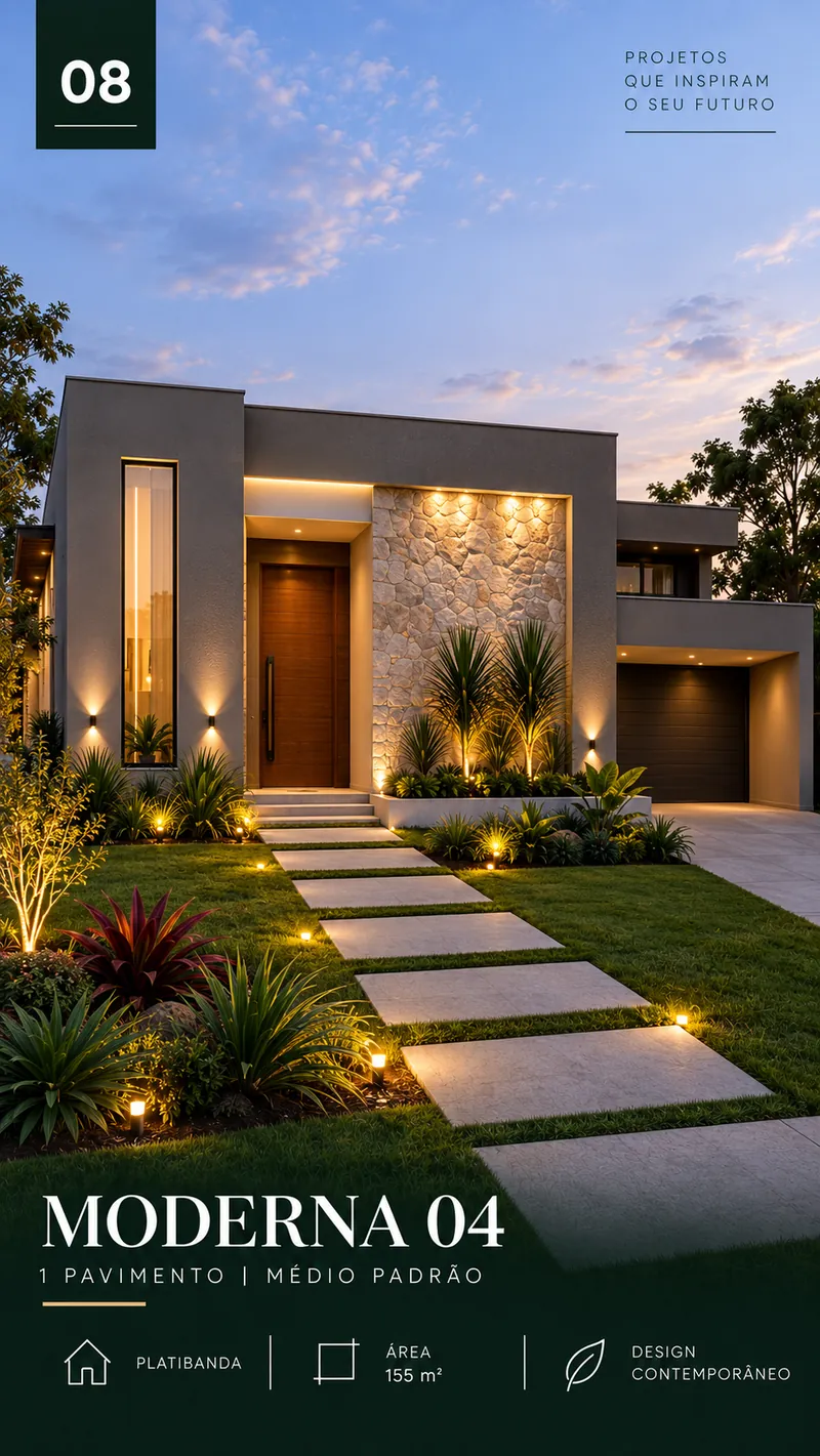 Moderna 04: casa de 1 pavimento e 155 m² com platibanda, fachada iluminada ao entardecer.