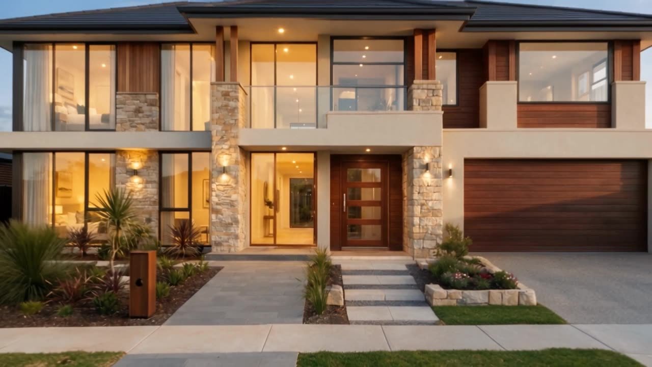 Fachada de casa pronta ao anoitecer, com iluminação interna acesa e paisagismo concluído.